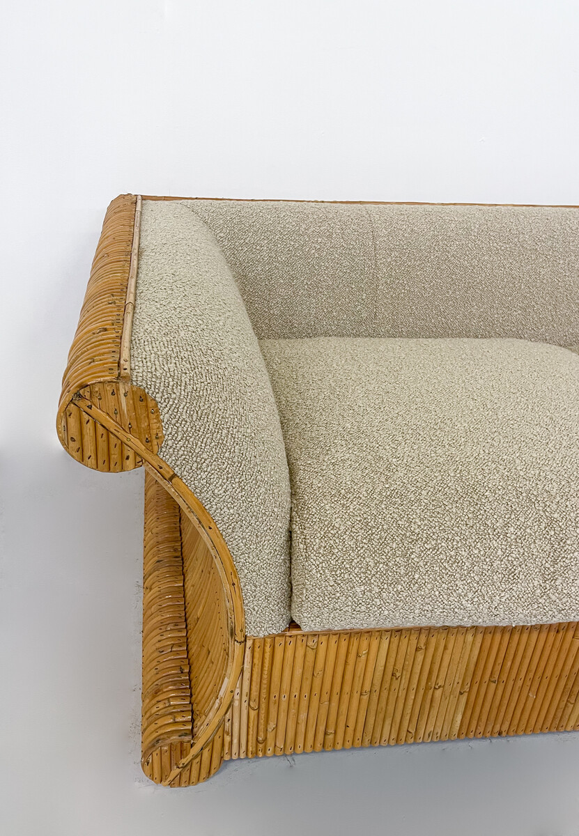 Mid-Century Modern Rattan Two Seater, Beige Boucle Fabric, Italy, 1960s - New Upholstery 