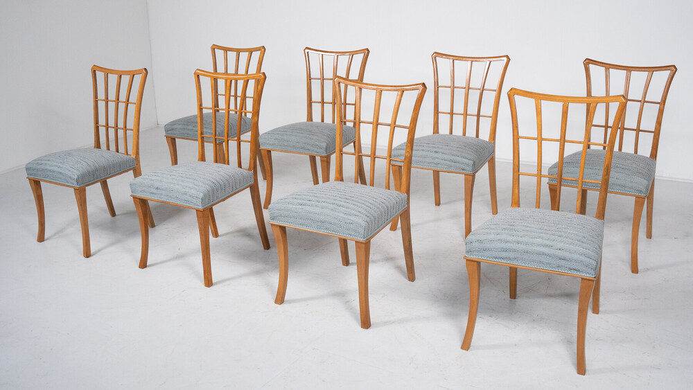  Mid-Century Modern Set of 8 Chairs, Wood and Fabric, 1950s - New Upholstery