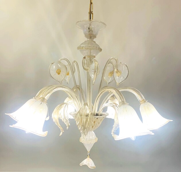 Murano glass chandelier - white and gold filigram decoration - 6 arms of light