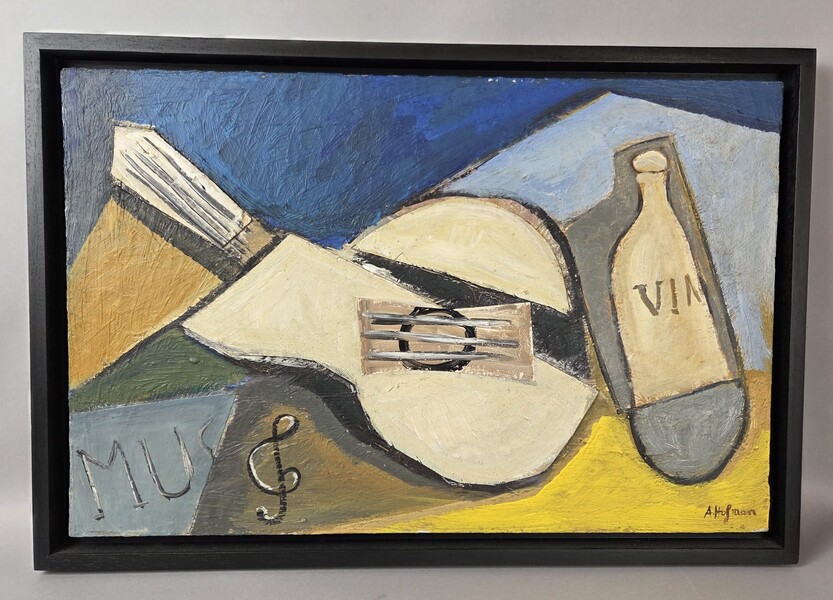 Oil on canvas and collage, “Musical Instruments and Wine,” by Aad Hofman
