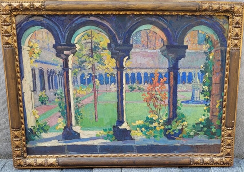 Oil on canvas representing the cloister of the collegiate church in Nivelles - signed Emile Lecomte - early 20th century