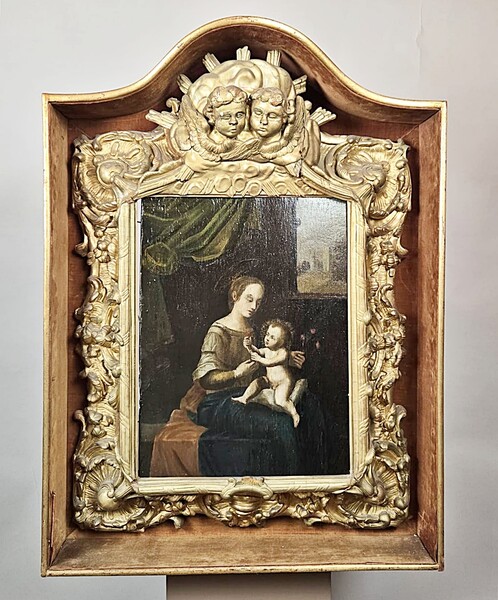 Oil on panel depicting a “Virgin and Child” in a niche, late 17th century