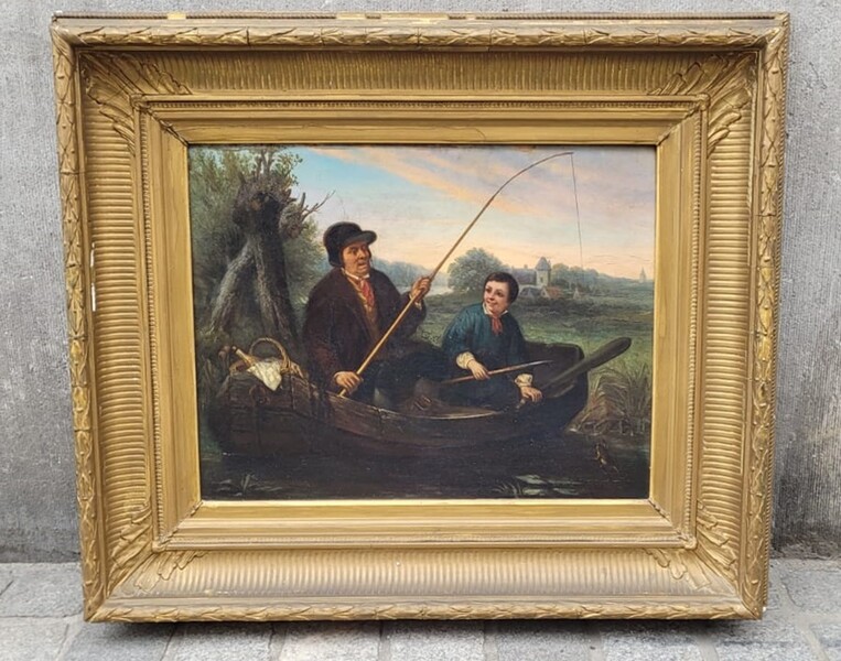 Oil on panel - Frog fishing - Adrian Joseph Verhoeven - Ball (1824 - 1882) frame: 73 X 62 cm