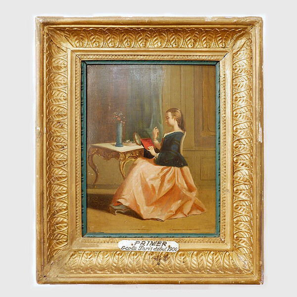 Oil on panel representing an elegant woman at her toilette - early 20th century - signed Primer ​​​​​​​