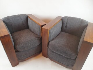 Pair of Art Deco club armchairs, new upholstery, beech armrests