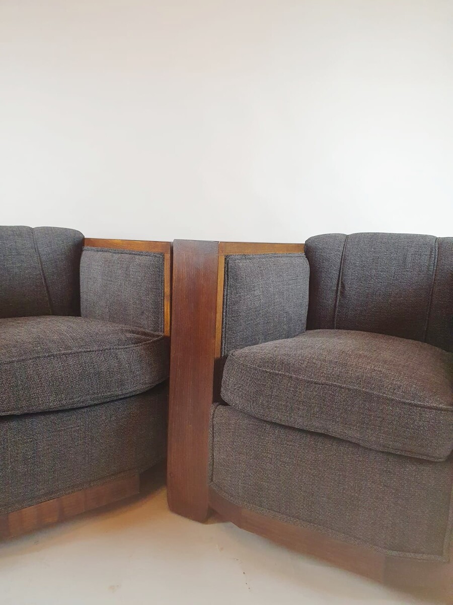 Pair of Art Deco club armchairs, new upholstery, beech armrests