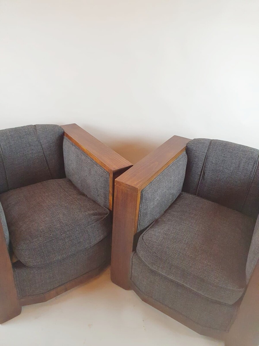 Pair of Art Deco club armchairs, new upholstery, beech armrests