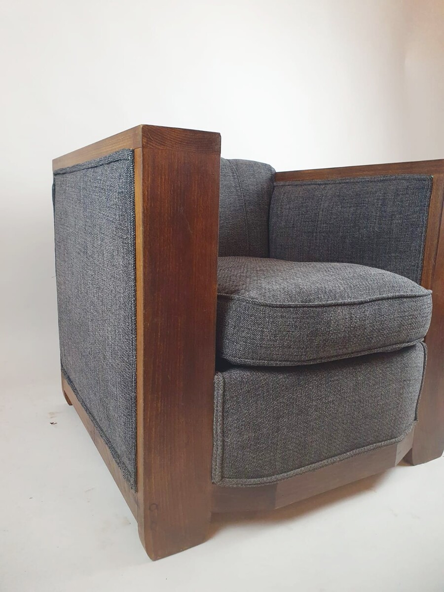 Pair of Art Deco club armchairs, new upholstery, beech armrests