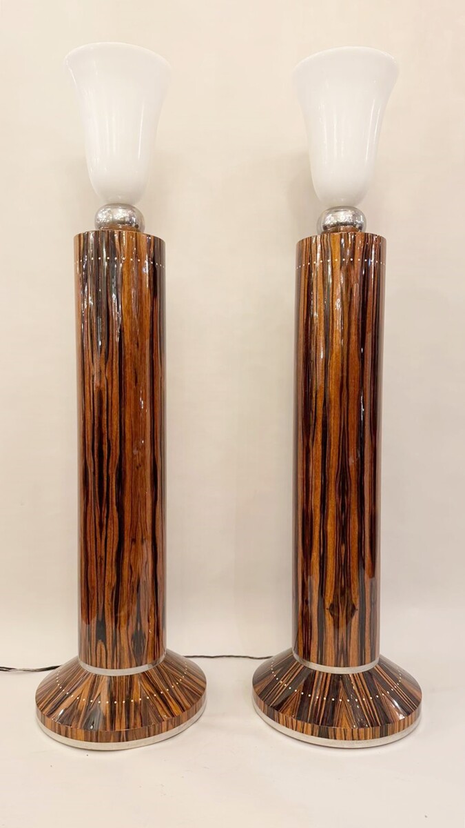 Pair Of Art Deco Style Floor Lamps In Macassar Ebony. 