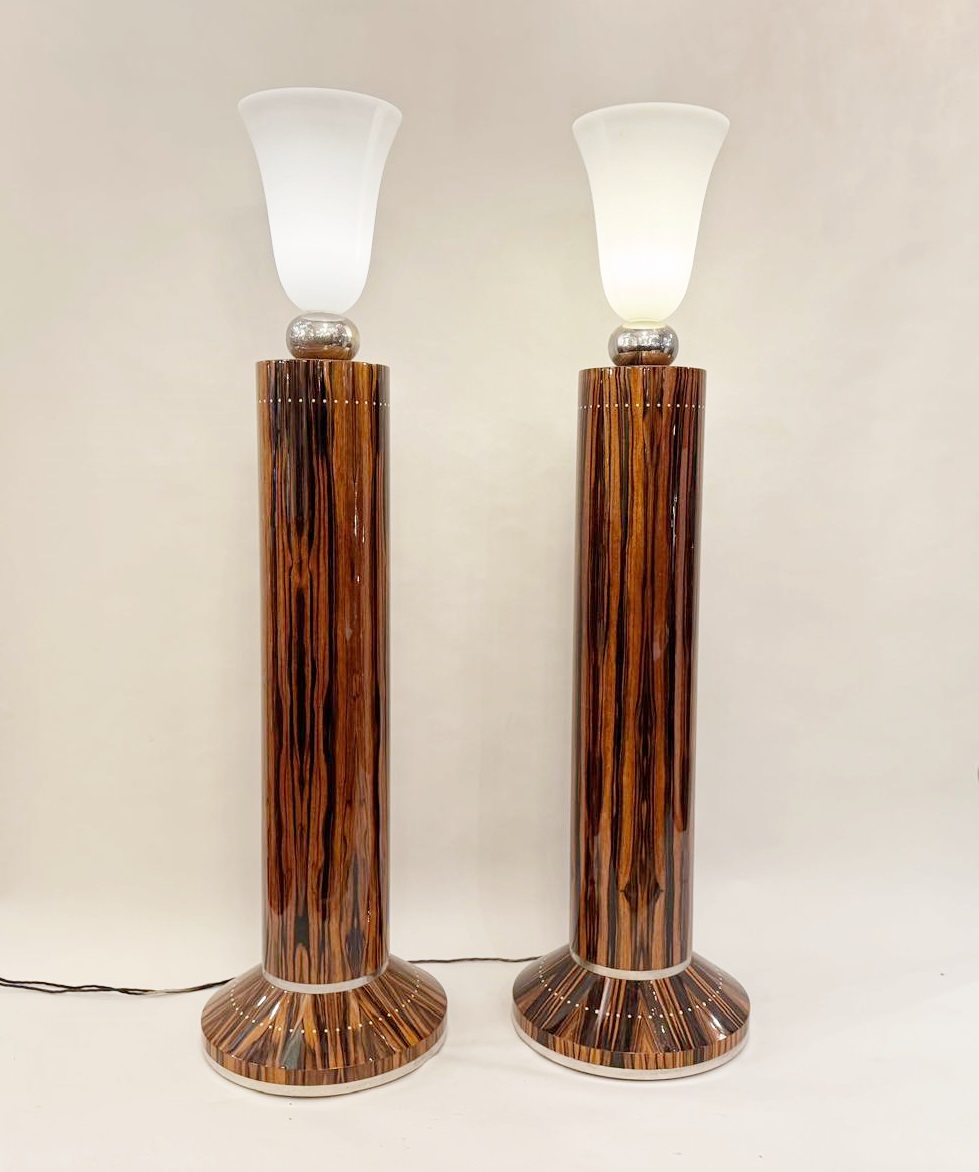 Pair Of Art Deco Style Floor Lamps In Macassar Ebony. 