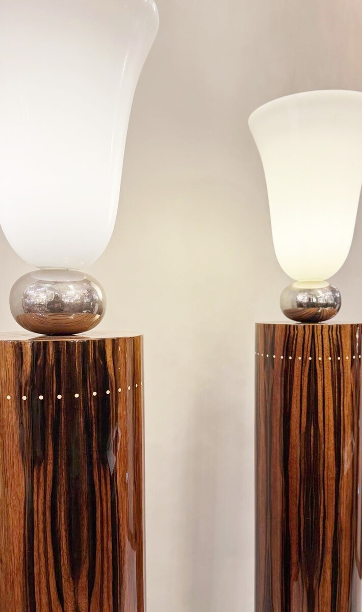 Pair Of Art Deco Style Floor Lamps In Macassar Ebony. 