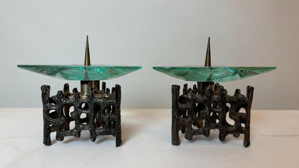 Pair of bronze and glass candlesticks in the style of Fontana Arte