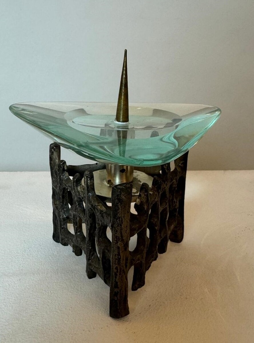 Pair of bronze and glass candlesticks in the style of Fontana Arte