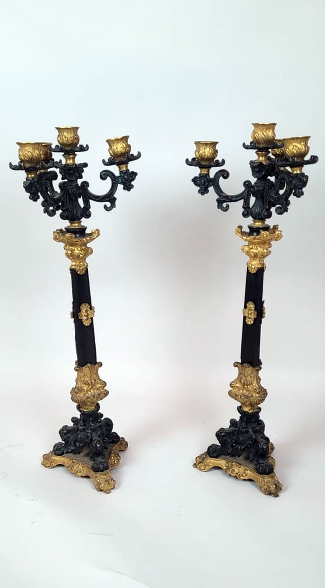 pair of bronze candelabra with 2 patinas - green and gold