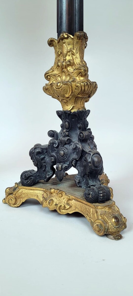 pair of bronze candelabra with 2 patinas - green and gold