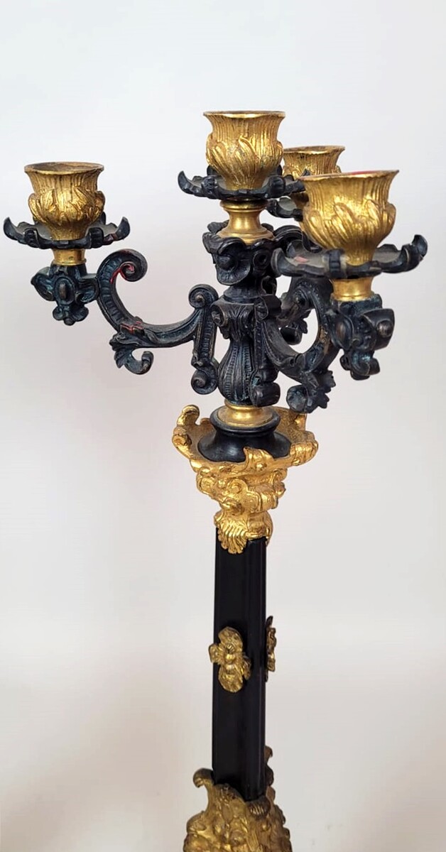 pair of bronze candelabra with 2 patinas - green and gold