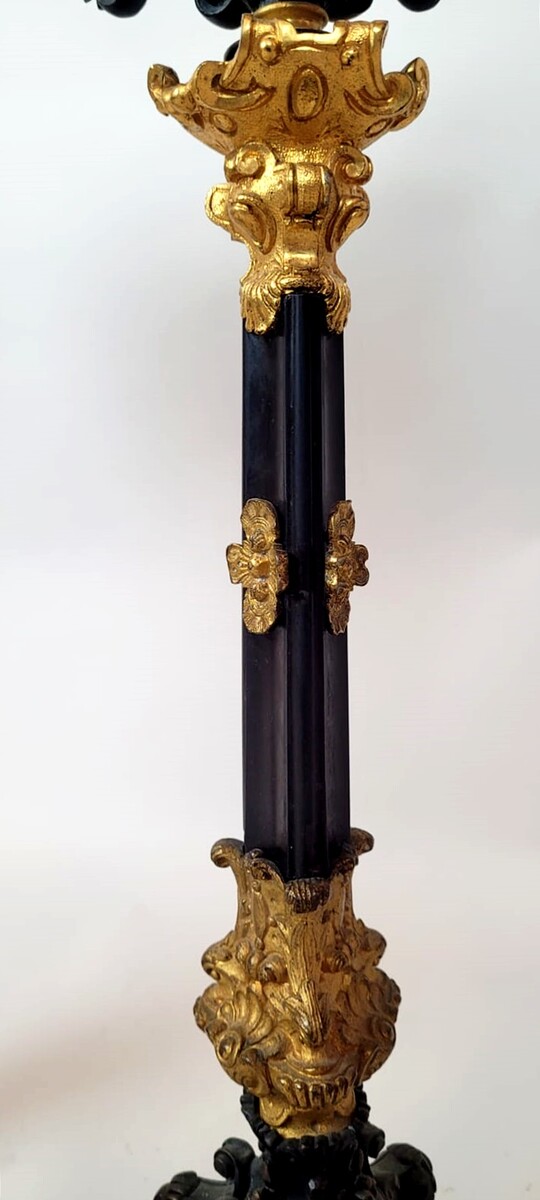 pair of bronze candelabra with 2 patinas - green and gold