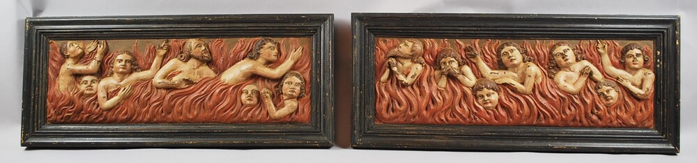 Pair of carved wooden panels, Souls in purgatory, 17th C.