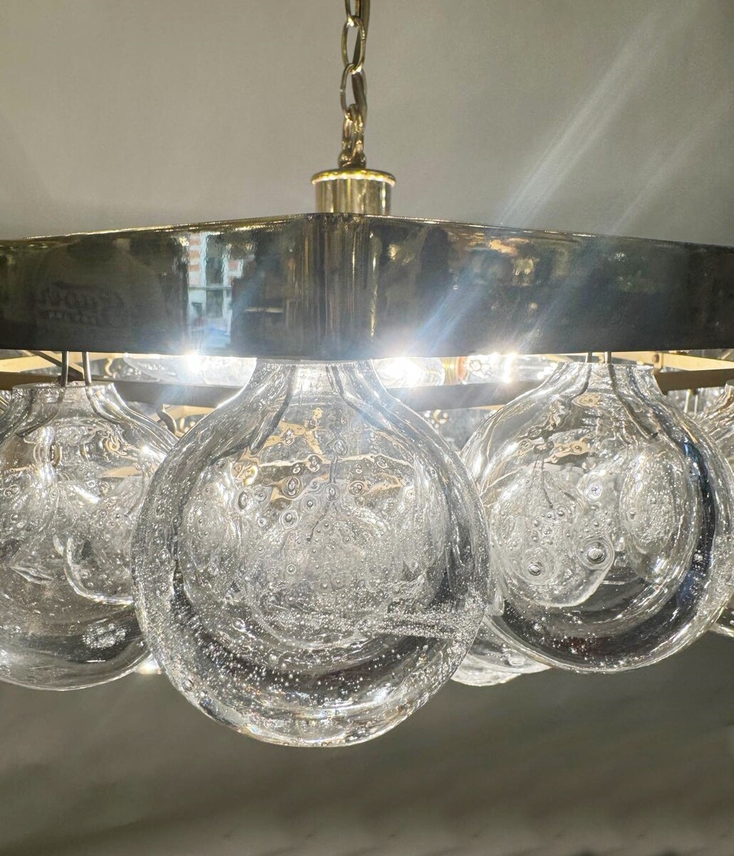 Pair Of Chandeliers, Glass Balls And Brass, Circa 1980 