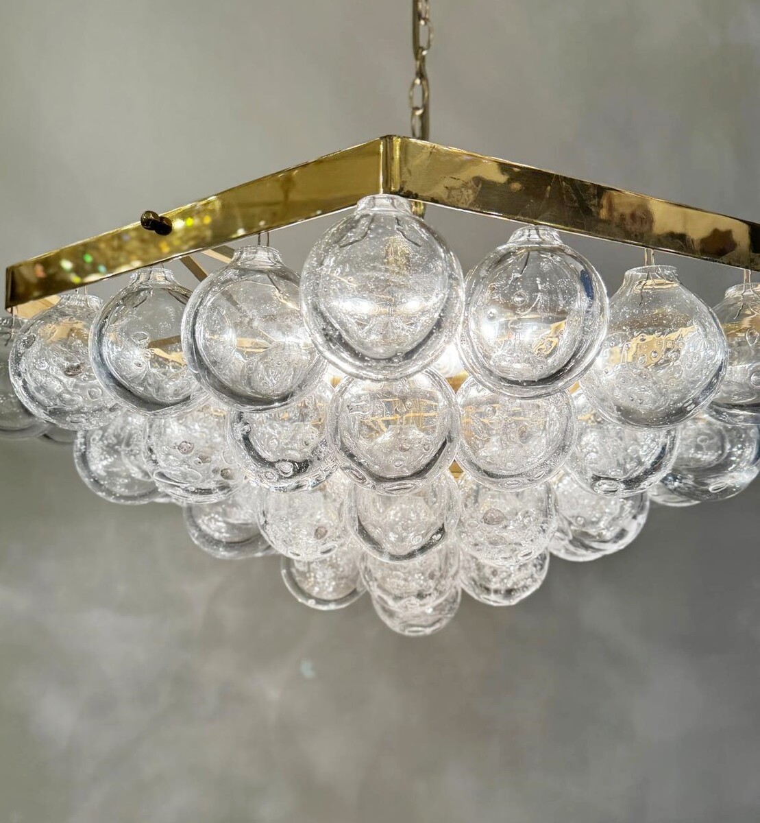 Pair Of Chandeliers, Glass Balls And Brass, Circa 1980 