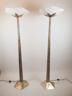 Pair of chiseled bronze and alabaster floor lamps, circa 1970
