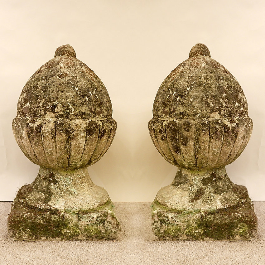 Pair of English Lichened and Mossy Cast Stone Acorn Finials 