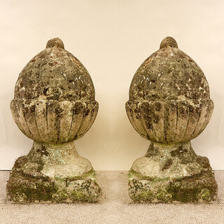 Pair of English Lichened and Mossy Cast Stone Acorn Finials 