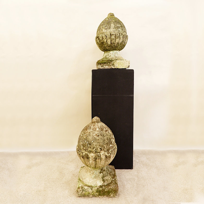 Pair of English Lichened and Mossy Cast Stone Acorn Finials 