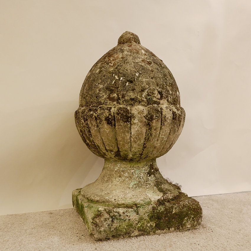 Pair of English Lichened and Mossy Cast Stone Acorn Finials 