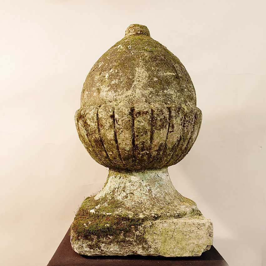 Pair of English Lichened and Mossy Cast Stone Acorn Finials 