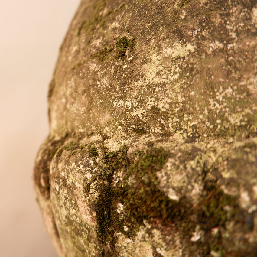 Pair of English Lichened and Mossy Cast Stone Acorn Finials 