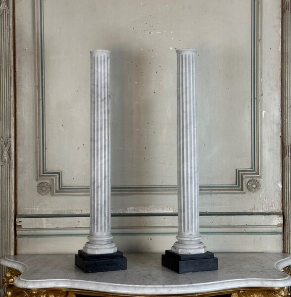 Pair Of Fluted Carrara Marble Columns, 19th Century