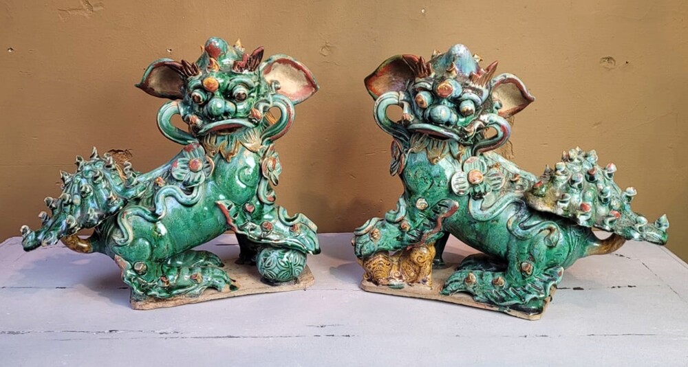 pair of glazed ceramic foo dogs - first half of the 20th century