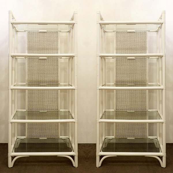 Pair of Lacquered canework shelves, Bamboo and Glass, 1980s - Italy