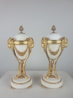 Pair of Louis XVI cassolettes forming candlesticks, gilded bronze and marble, 19th