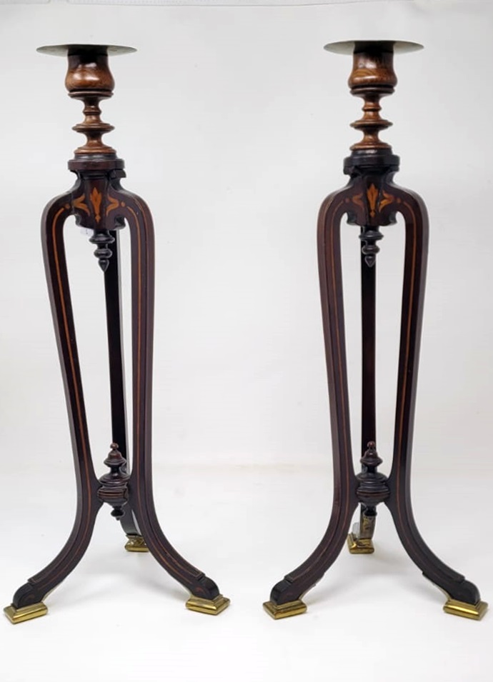 pair of mahogany marquetry candlesticks - tripod base - gilded bronze shoes