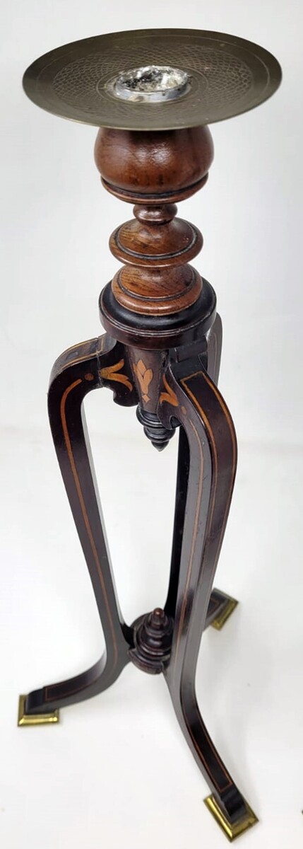 pair of mahogany marquetry candlesticks - tripod base - gilded bronze shoes