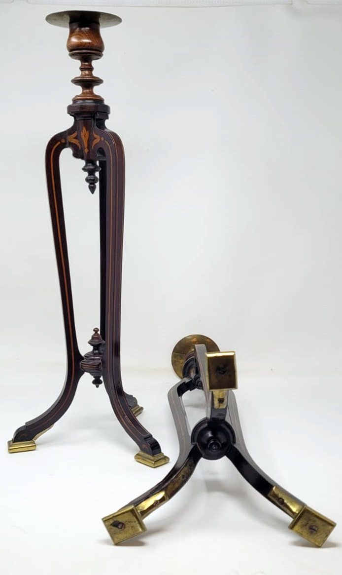 pair of mahogany marquetry candlesticks - tripod base - gilded bronze shoes