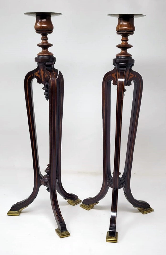 pair of mahogany marquetry candlesticks - tripod base - gilded bronze shoes