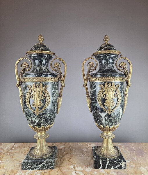 Pair of marble and gilded bronze cassolettes, 19th