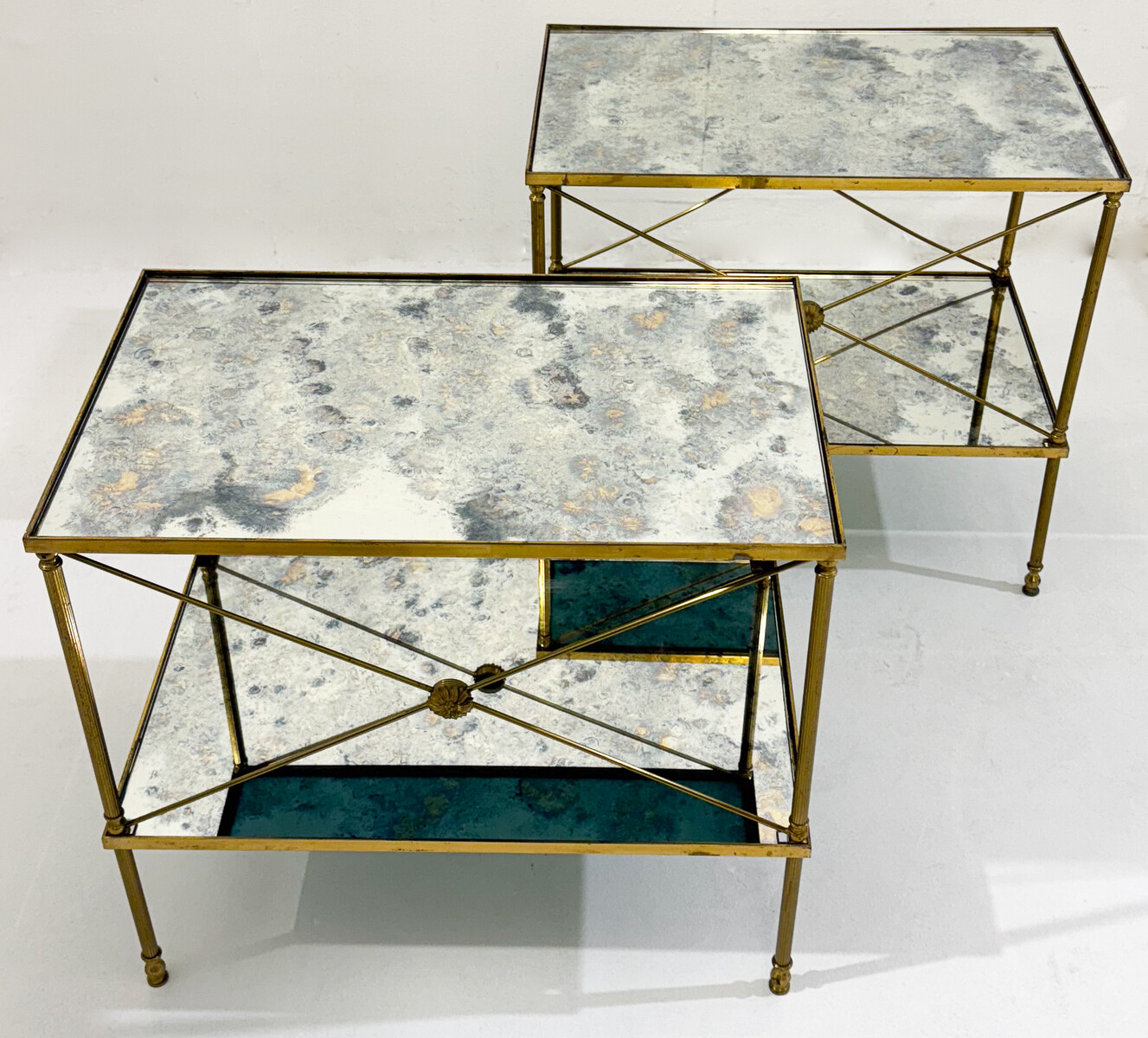 pair of side tables, brass structure and oxidized mirror tops, Maison Jansen, 1960, France