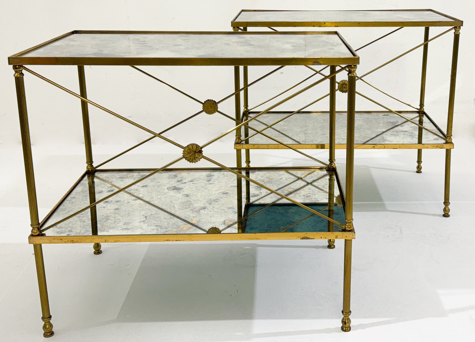 pair of side tables, brass structure and oxidized mirror tops, Maison Jansen, 1960, France