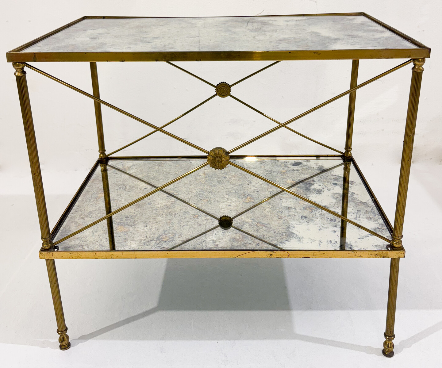 pair of side tables, brass structure and oxidized mirror tops, Maison Jansen, 1960, France