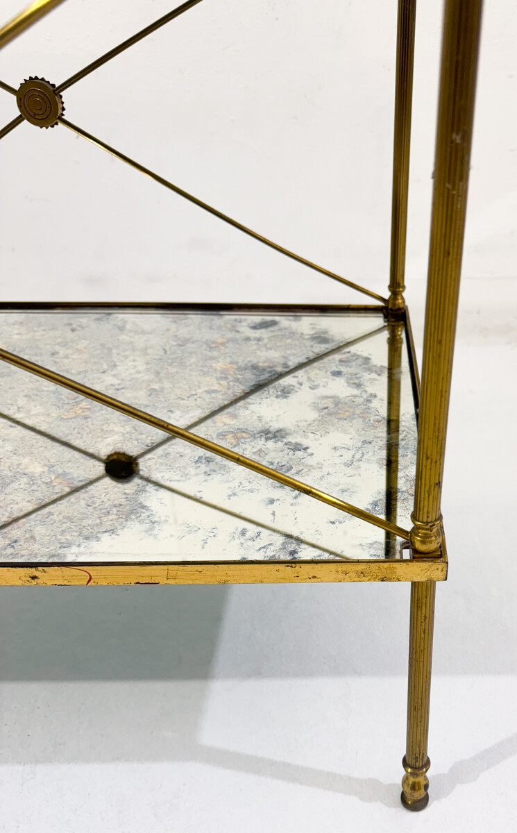 pair of side tables, brass structure and oxidized mirror tops, Maison Jansen, 1960, France