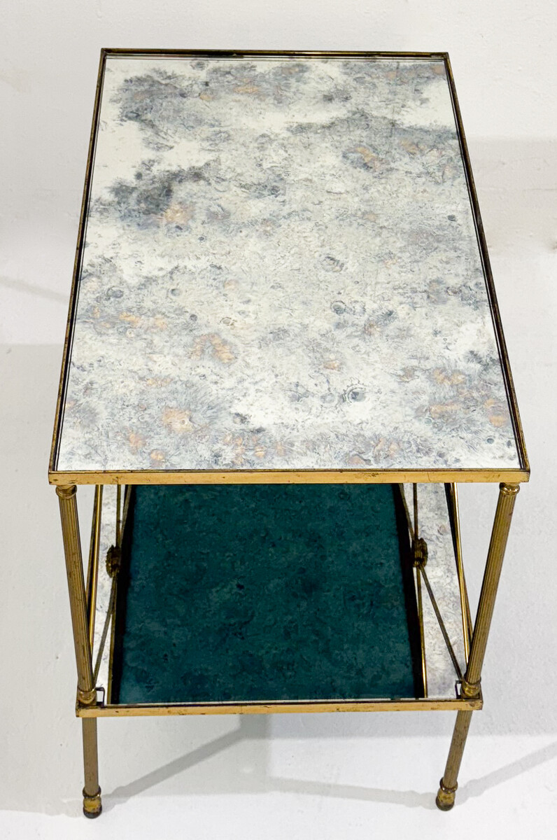 pair of side tables, brass structure and oxidized mirror tops, Maison Jansen, 1960, France