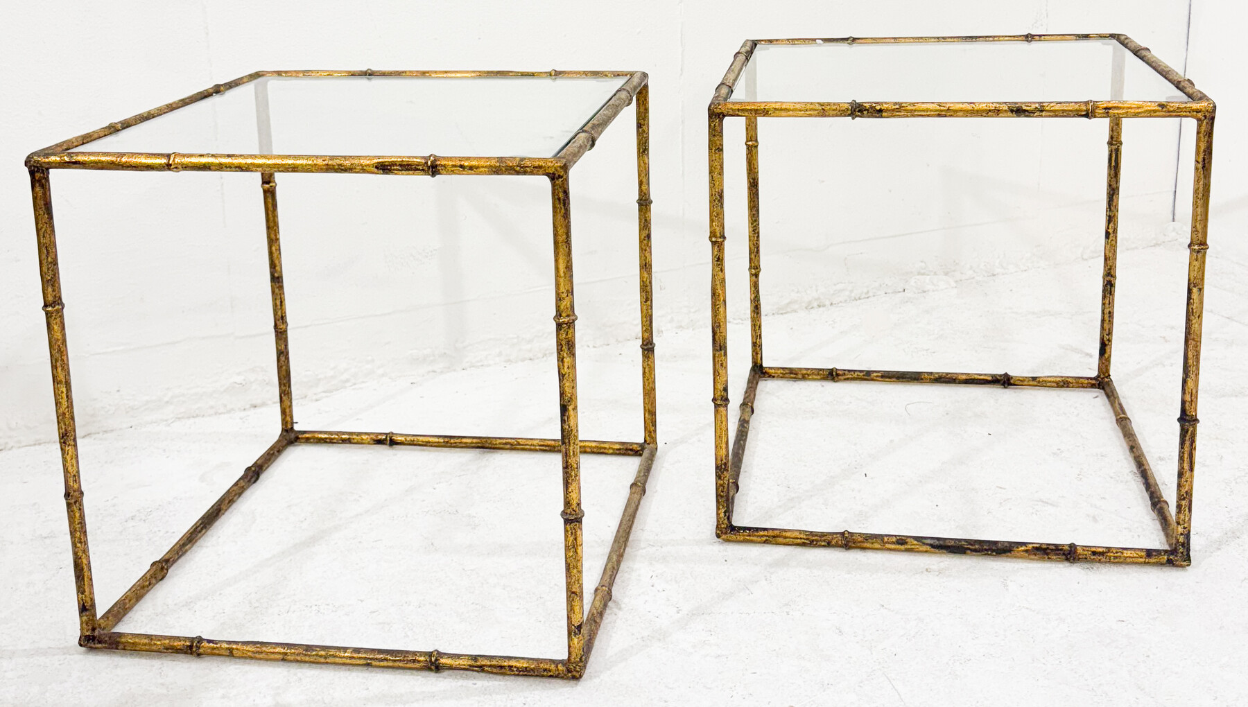 Pair of side tables in glass cube and gold metal imitation bamboo, style of Maison Baguès, Mid-century-Modern, France