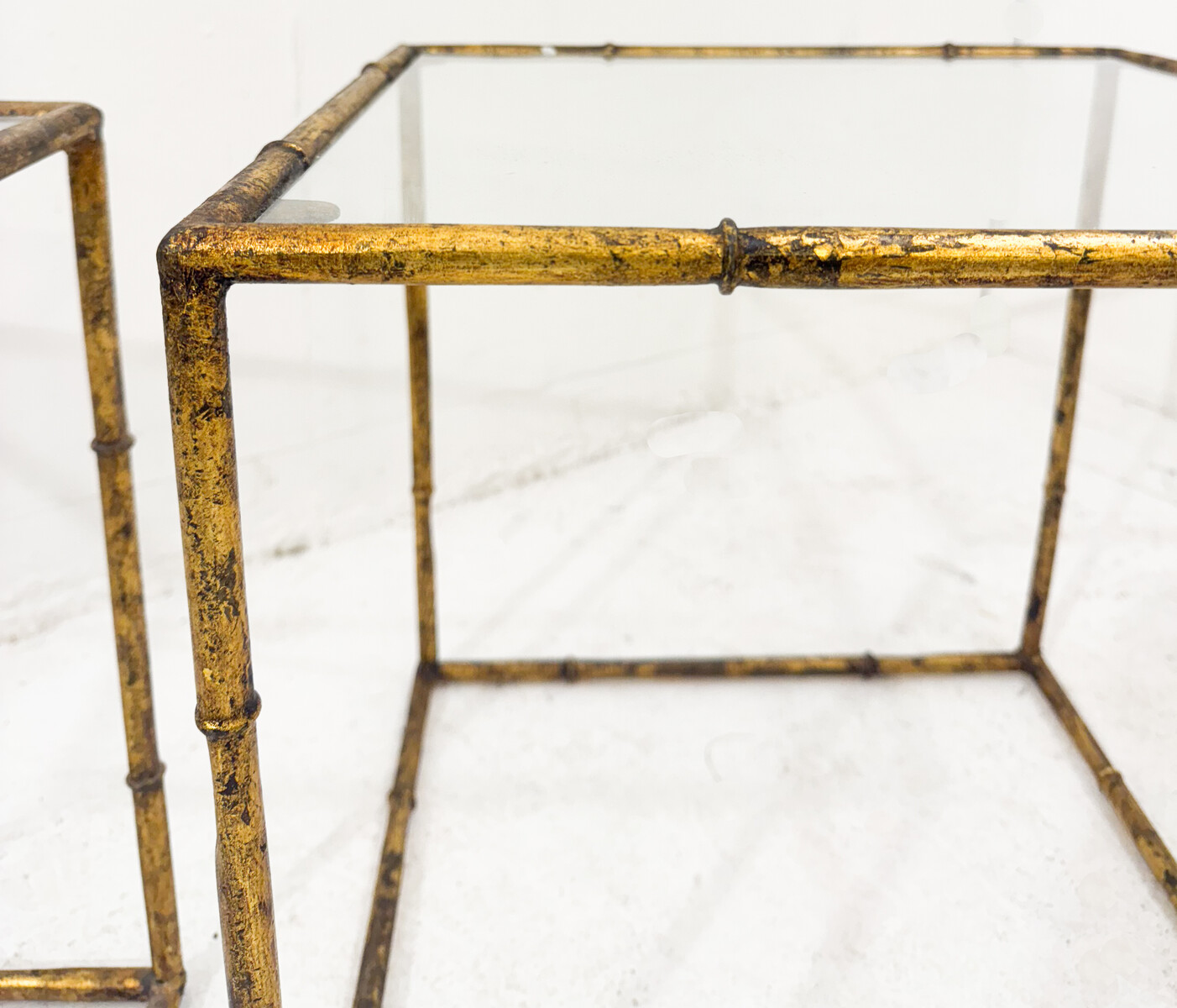 Pair of side tables in glass cube and gold metal imitation bamboo, style of Maison Baguès, Mid-century-Modern, France