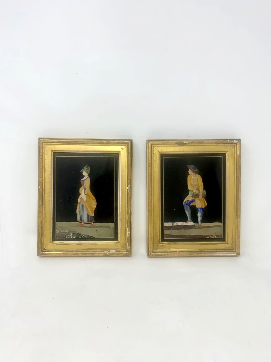 Pair of small portraits in micro marble marquetry 