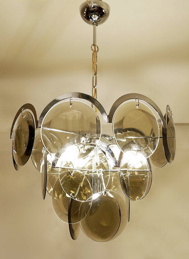 Pair of Vistosi Smoked Glass Disc Chrome Chandeliers, Italy, 1970s