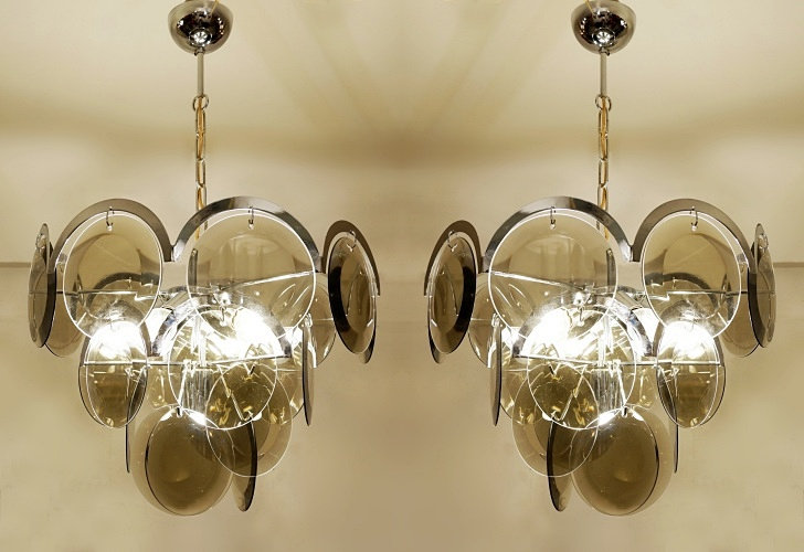 Pair of Vistosi Smoked Glass Disc Chrome Chandeliers, Italy, 1970s